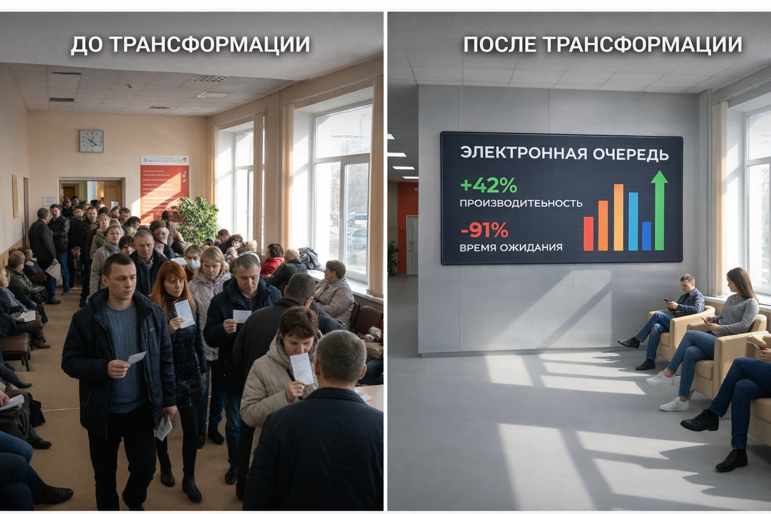 Сравнение эффективности работы МФЦ до и после внедрения электронной очереди ВнеОчереди