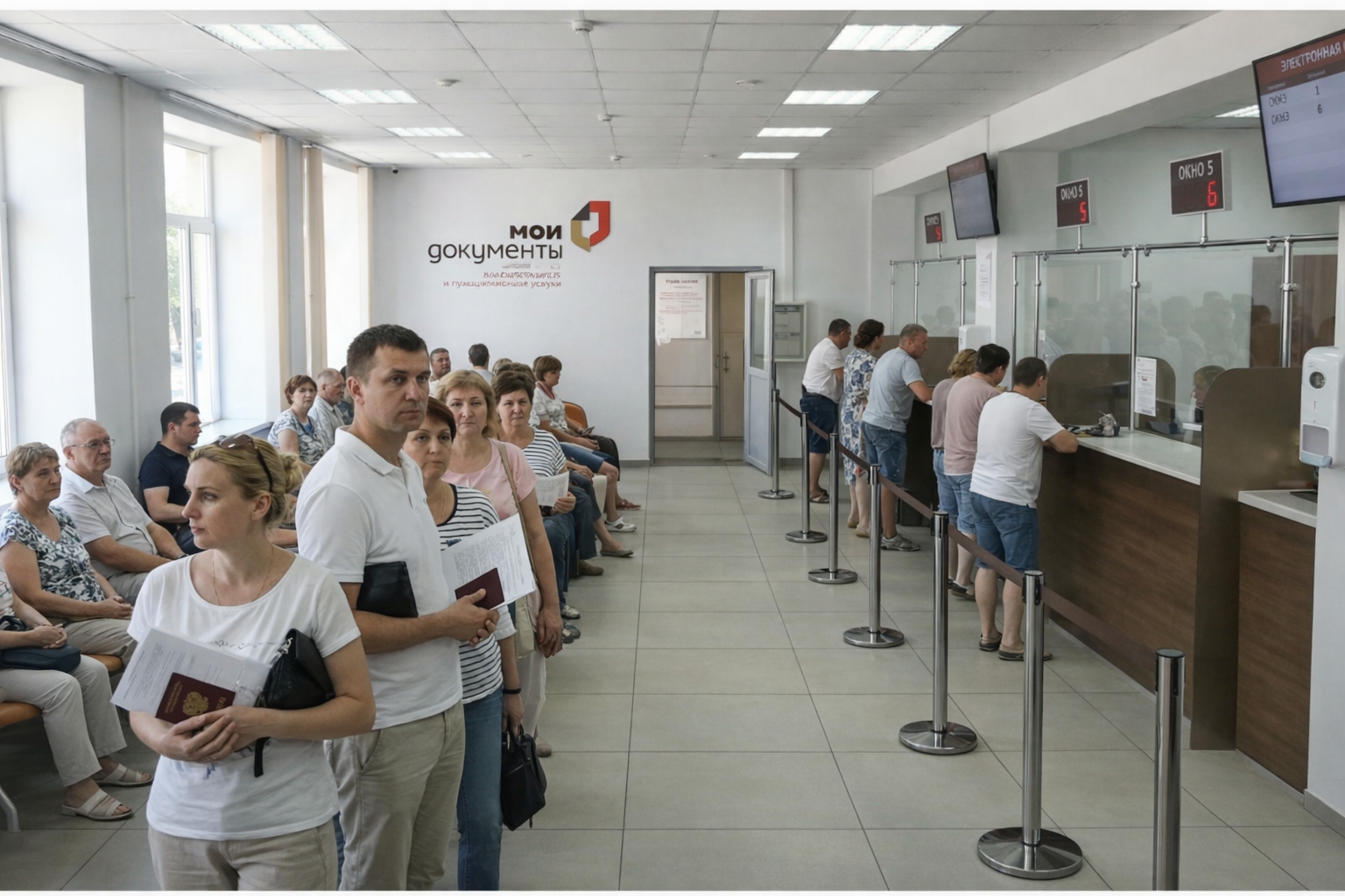 Длинная очередь в зале ожидания МФЦ до внедрения системы электронной очереди