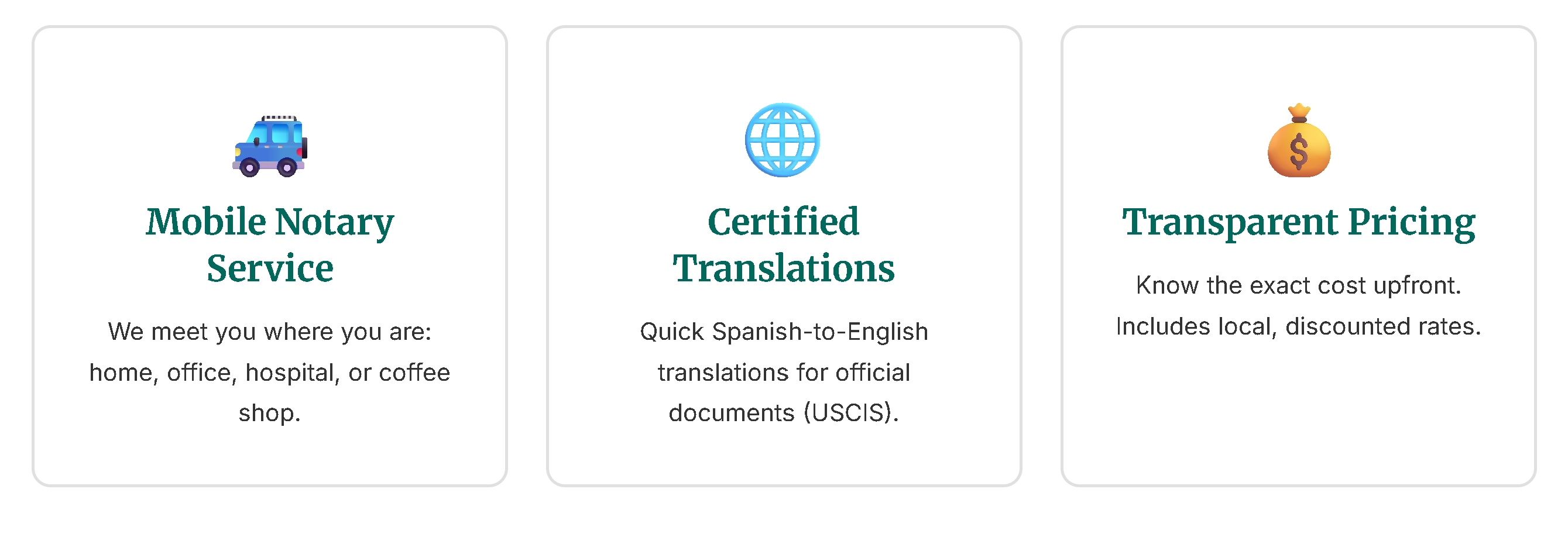 Service cards showcase: Mobile Notary Service, Certified Translations, Transparent Pricing