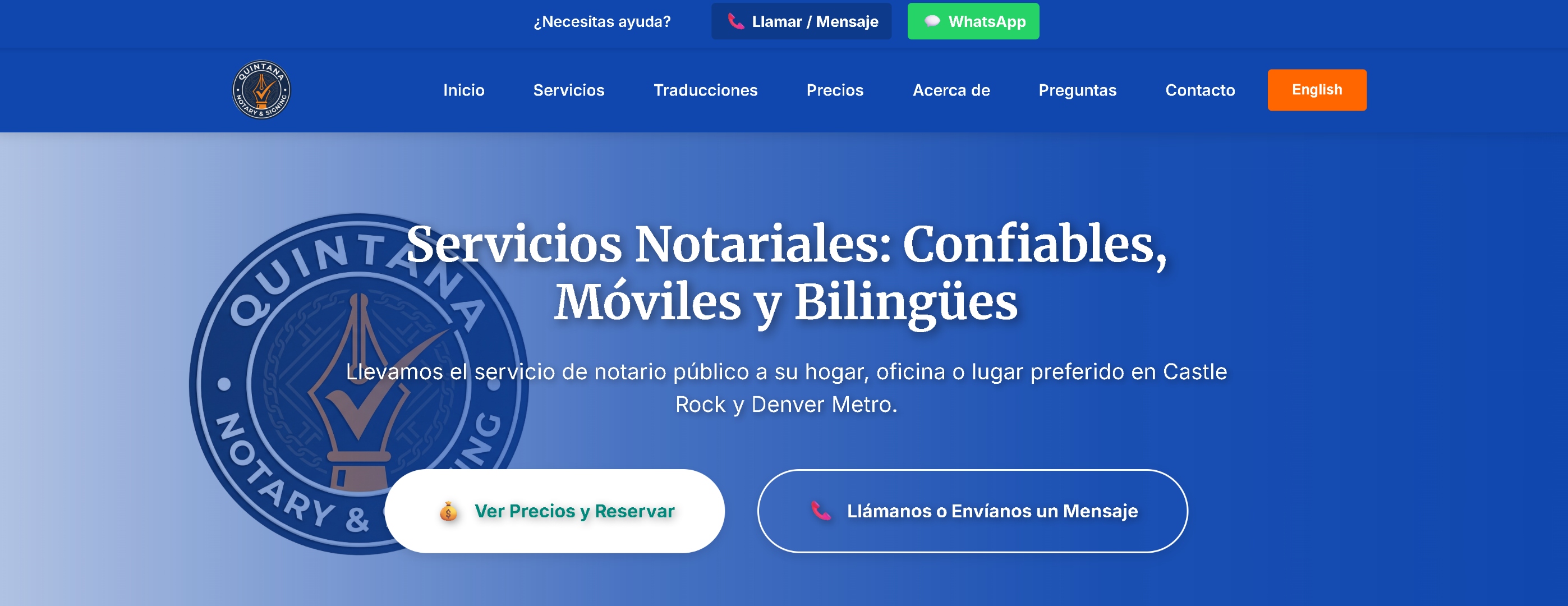 Full-page screenshot of the Quintana Notary & Signing homepage showcasing layout and content hierarchy